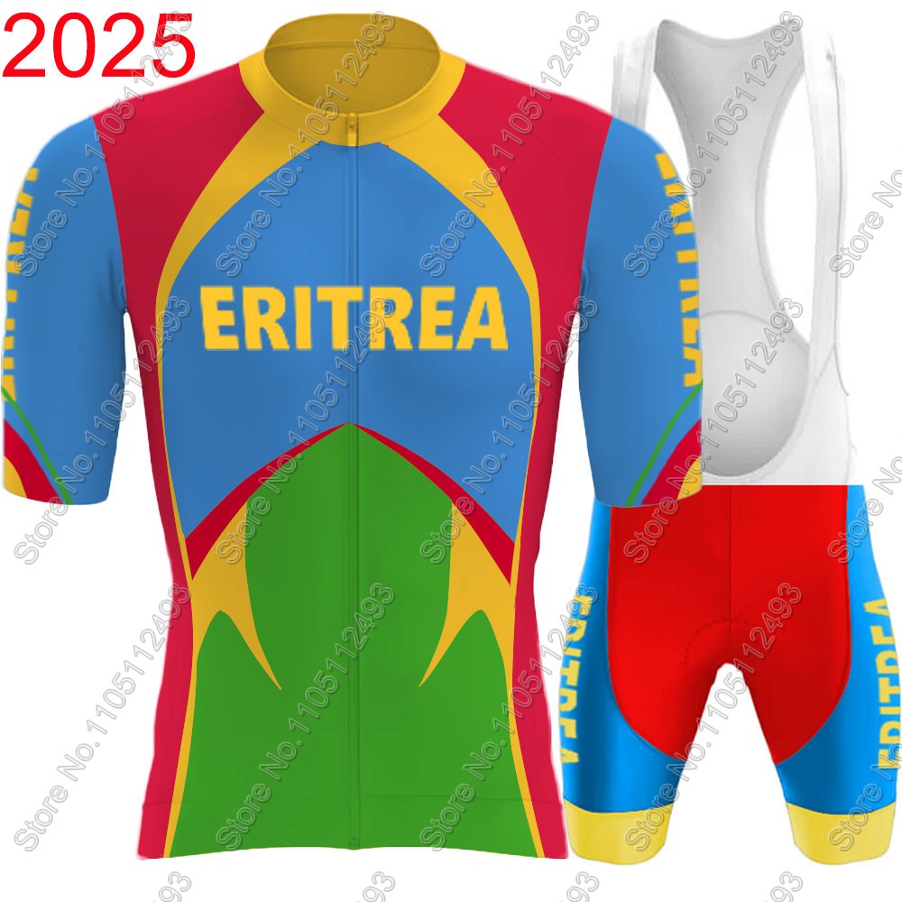 Cycling Gear Jersey - ชุดเสื้อเจอร์ซีย์ปั่นจักรยานทีมชาติเอริเทรีย ปี 2025 แขนสั้น สีแดงน้ำเงิน ชุดเสื้อผ้าสำหรับปั่นจักรยานเสือหมอบ